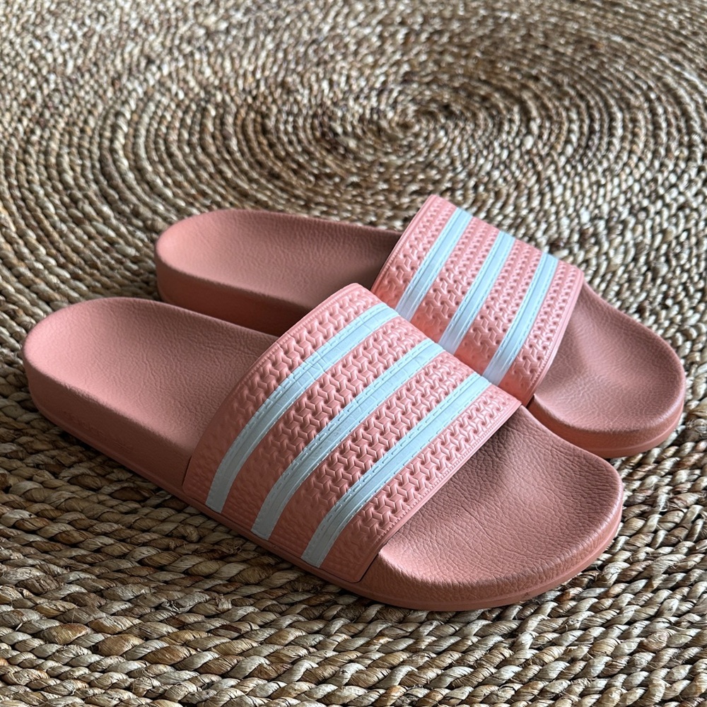 adidas light pink and White Slide Sandals